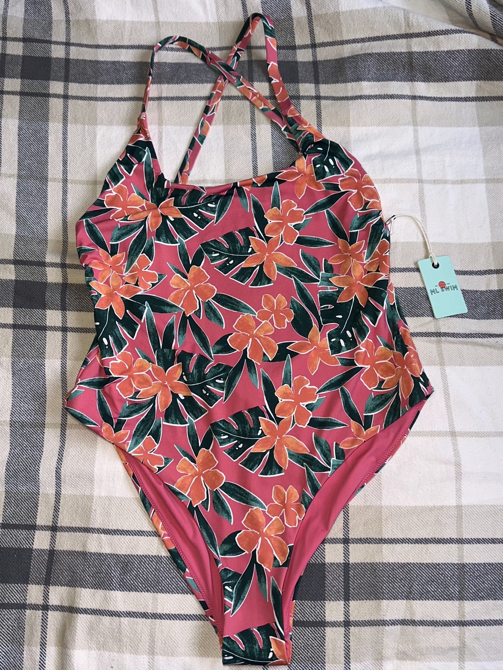 Floral Cross-Back One-Piece Swimsuit in Pink with Orange Flowers